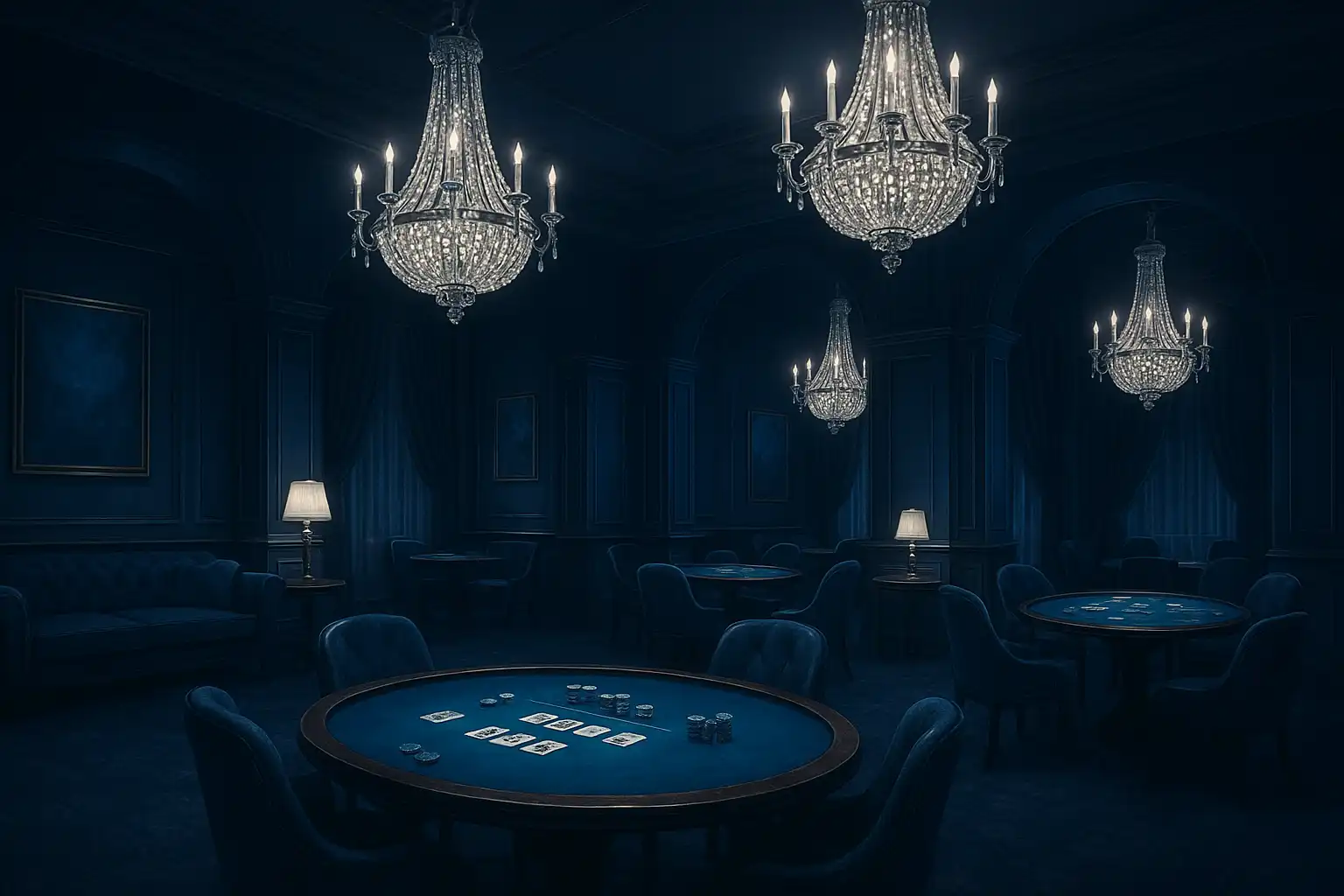 Sophisticated navy and sapphire casino lounge interior with silver chandeliers