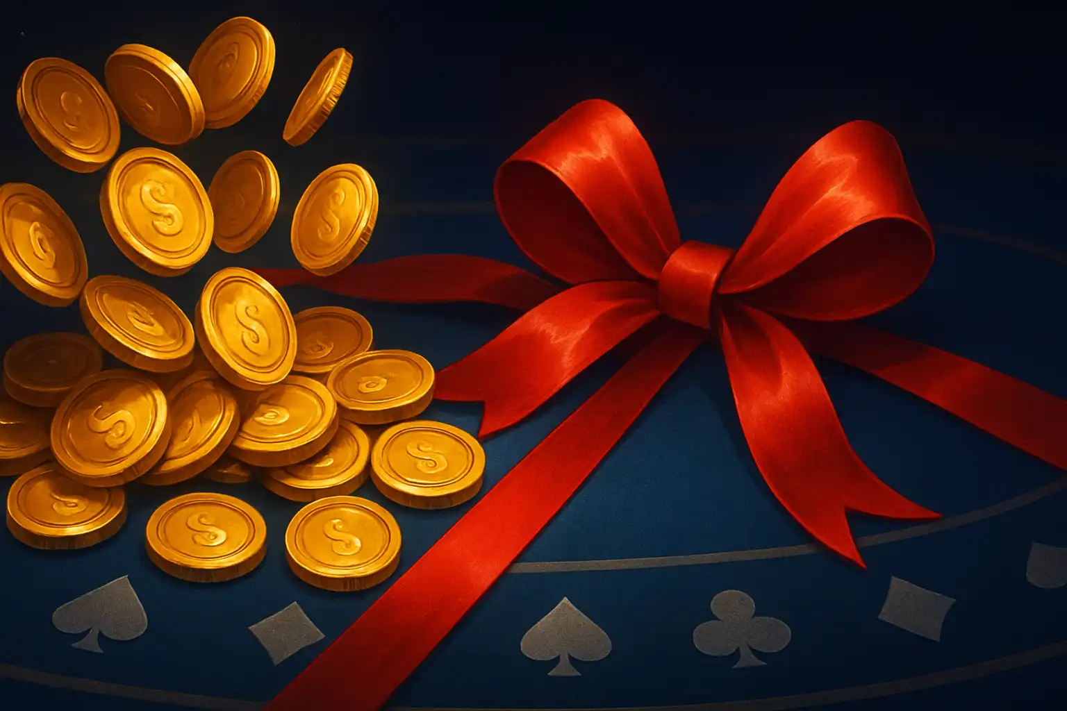 Gold coins and a bonus ribbon cascading over a navy and sapphire casino table