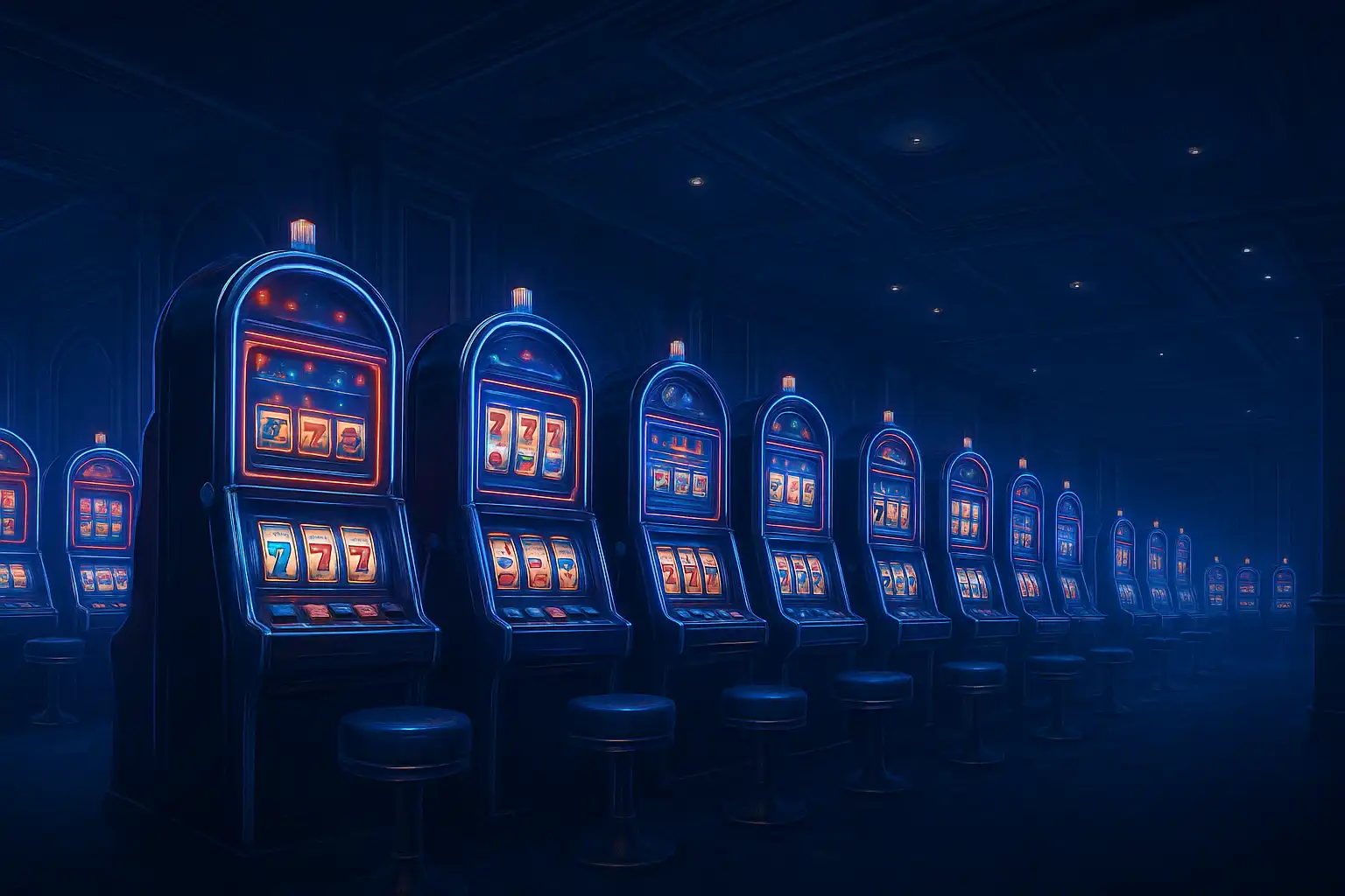 Row of glowing slot machine cabinets inside a navy and sapphire casino hall
